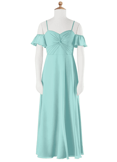 Azazie Juna Junior Vestido de Aqua de Gasa de Corte En A con Vestidos sin tirantes image6