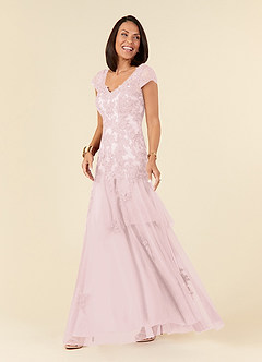 Azazie Romy Mother of the Bride Dresses Blushing Pink Mermaid V-Neck Sequins Tulle Dress image2