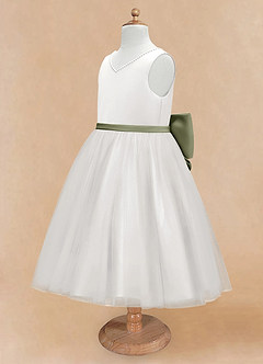 Azazie Seline Flower Girl Dresses Ivory Pistachio A-Line Bow Tulle Dress image8