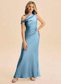 Azazie Emerson Junior Steel Blue Sheath Off the Shoulder Stretch Satin Dress image1