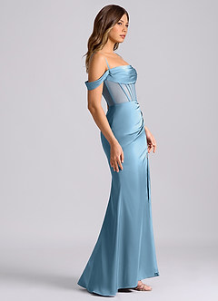 Azazie Alyce Vestidos de damas de honor Vestido de Azul Acero de Satén Elástico de Corte Sirena Convertible con Vestidos sin tirantes image3