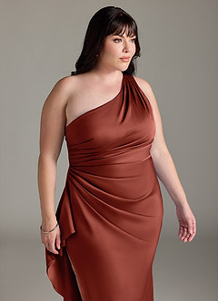 Azazie Latrice Bridesmaid Dresses Terracotta Sheath One Shoulder Cascading Ruffles Stretch Satin Dress image11