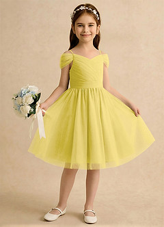 Azazie Lila Girls Formal Robe Demoiselle D'honneur Fillette Robe Trapèze en Tulle Épaule décolletée Canari image4