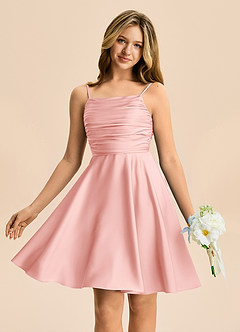 Azazie Miko Junior Powder Pink A-Line Pleated Stretch Satin Dress image1