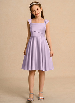Azazie Budle Girls Formal Flower Girl Dresses Frosted Lilac A-Line Pleated Matte Satin Dress image4