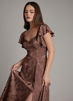 Azazie Keya Probar vestidos en casa Vestido de Jacquard De Chocolate de Jacquard de Corte en A con Volante image3