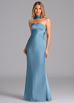 Azazie Lusinda Jurken voor bruidsmeisjes Jurk van Stretch Satijn met Zeemeermin Strapless Staal Blauw image4