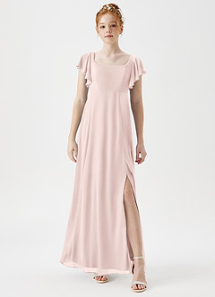 Azazie Bondi Junior Blushing Pink A-Line Side Slit Mesh Dress image1