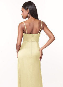 Azazie Maci Bridesmaid Dresses Lemon Sorbet A-Line V-Neck Pleated Stretch Satin Dress image4