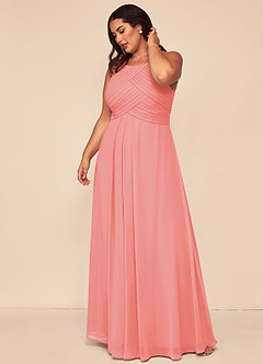 Azazie Ginger Bridesmaid Dresses Coral A-Line Halter Pleated Chiffon Dress image12