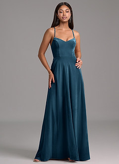 Azazie Mei Bridesmaid Dresses Blue Topaz A-Line Corset Velvet Dress image5