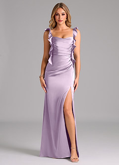Azazie Jessamine Bridesmaid Dresses Frosted Lilac A-Line Corset Stretch Satin Dress image3