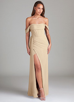 Azazie Amyra Bridesmaid Dresses Champagne Sheath Off the Shoulder Chiffon Convertible Dress image4