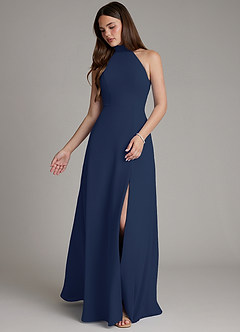 Azazie Myra Vestidos de madrinha de casamento Vestido Azul Marinho de Chiffon de Linha A com Pescoço alto image4