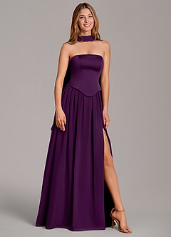 Azazie Cadence Bridesmaid Dresses Grape A-Line Corset Stretch Satin Convertible Dress image1