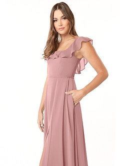 Azazie Jinny Brautjungfernkleider A-Linie Quadratischer Ausschnitt Gerüscht Chiffon Kleid Altrosa image10