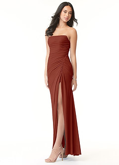Azazie Darria Vestidos de damas de honor Vestido de Terracota de Chifón elástico de Corte Recto Convertible con Escote Cuadrado Plisado image3