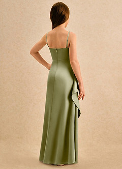 Azazie Cannoli Girls Formal Robe Demoiselle D'honneur Fillette Robe Trapèze en Mat Satiné Plissée Vert Mousse image2