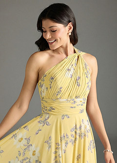 Azazie Charlize Bridesmaid Dresses Lemon Sorbet New Day Floral A-Line One Shoulder Chiffon Dress image5