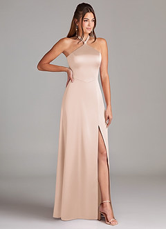 Azazie Elliana Bridesmaid Dresses Blushing Pink A-Line Side Slit Stretch Satin Dress image3