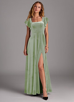 Azazie Bondi Bridesmaid Dresses Dusty Sage A-Line Side Slit Velvet Dress image1