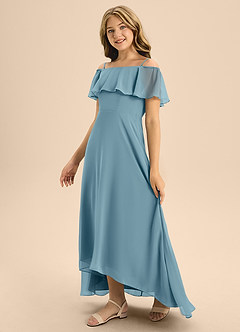 Azazie Maggie Junior A-Linie Schulterfrei Chiffon Kleid Stimmungsvolles Blau image4