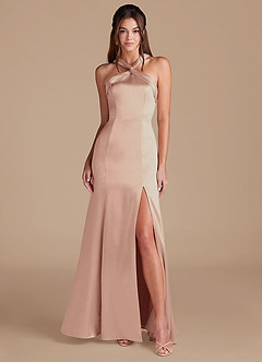 Azazie Rue Bridesmaid Dresses English Rose Mermaid Pleated Metallic Satin Dress image1