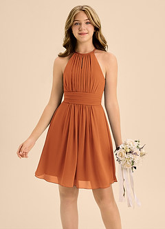 Azazie Bonnie Junior A-Linie Plissee Chiffon Kleid Kanel image3