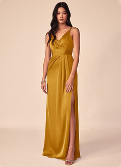 Azazie Aqua Bridesmaid Dresses Butterscotch A-Line V-Neck Pleated Stretch Satin Dress image1