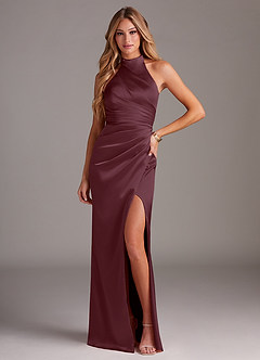 Azazie Jemma Bridesmaid Dresses Sangria Sheath Pleated Stretch Satin Dress image1