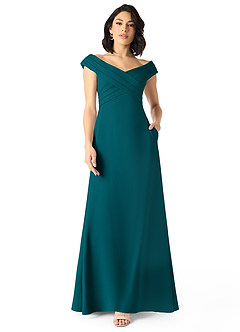 Azazie Evita Bridesmaid Dresses Peacock A-Line Off the Shoulder Stretch Crepe Dress image1