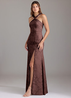 Azazie Rue Bridesmaid Dresses Espresso A-Line Pleated Floral Burnout Dress image3
