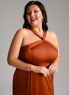 Azazie Rue Bridesmaid Dresses Burnt Orange A-Line Pleated Stretch Satin Dress image13