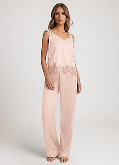 front Pyjama-Set aus Satin-Top mit Spitzenbesatz und langer Hose mit weitem Bein