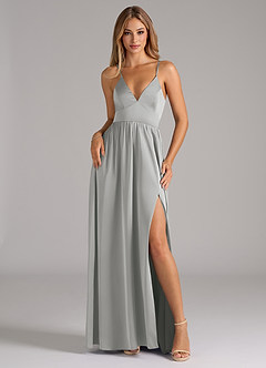 Azazie Aaida Bridesmaid Dresses Silver A-Line Corset Stretch Satin Dress image1