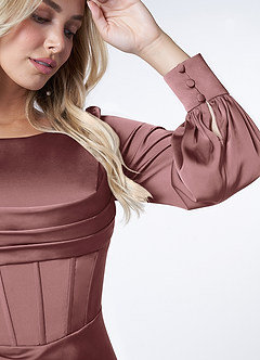 Azazie Raye Robes de demoiselle d'honneur Robe Sirène en Satin extensible Manche longue Mauve Vintage image6