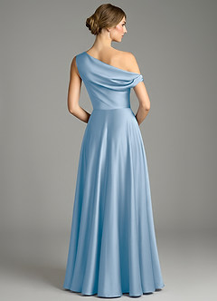 Azazie Xanthe Bridesmaid Dresses Powder Blue A-Line Off the Shoulder Stretch Satin Dress image2