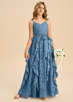 Azazie Peyton Junior Vestido de Azul Acero de Devorado Floral de Corte en A con Plisado image6