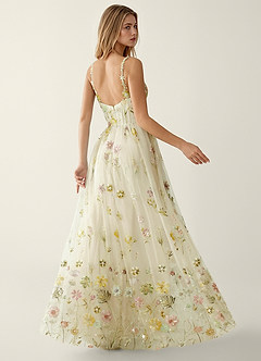 Irisqun Żółty Suknia balowa z tiulu z haftem cekinowym i koralikami w kwiaty 3D image2