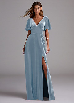 Azazie Kimber Bridesmaid Dresses Dusty Blue A-Line with Pockets Velvet Dress image1