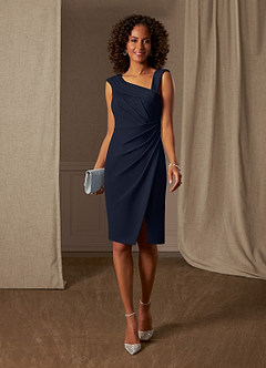 Azazie Cecily At-home Try On Dresses Dark Navy Sheath Stretch Crepe Dress image1