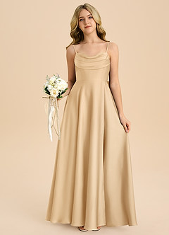 Azazie Bear Junior Vestido de Oro de Satén Elástico de Corte en A con Escote de Corazón image7