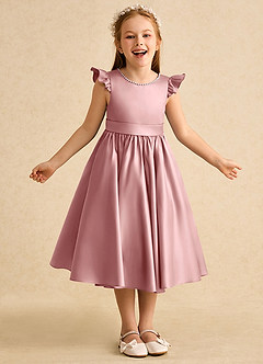 Azazie Dumpling Blumenmädchenkleider A-Linie Schleifen Matte Satin Kleid Altrosa image2