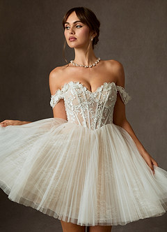 Azazie Sorel Hochzeitskleider Ballkleid Schulterfrei Spitze Kleid Diamantweiß Nude image1