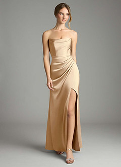Azazie Leonis Bridesmaid Dresses Champagne Mermaid Pleated Stretch Satin Convertible Dress image5