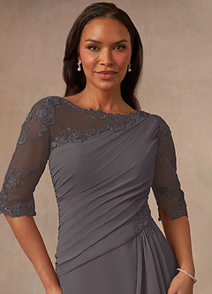 Azazie Dionysus Mother of the Bride Dresses Steel Grey A-Line Boatneck Lace Chiffon Dress image4