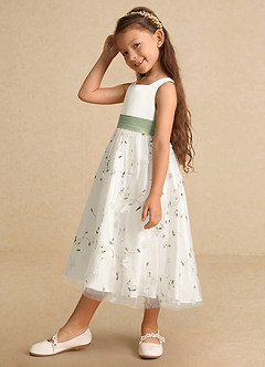 Azazie Pollie Flower Girl Dresses Ivory Dusty Sage A-Line Bow Tulle Dress image8