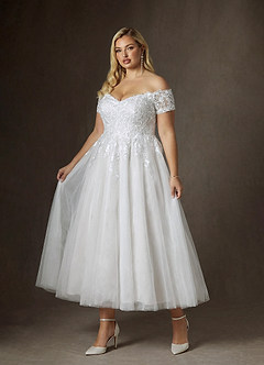 Azazie Rowe At-home Try On Dresses Diamond White A-Line Off the Shoulder Lace Dress image6