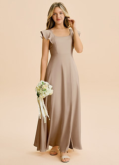 Azazie Bondi Junior Taupe A-Line Side Slit Stretch Satin Dress image4