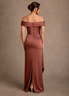 Azazie Beah Mother of the Bride Dresses Auburn Sheath Off the Shoulder Stretch Satin Dress image3
